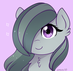 Size: 3561x3490 | Tagged: safe, artist:emera33, marble pie, earth pony, pony, bust, chest fluff, ear fluff, female, fluffy, hair over one eye, mare, pink background, portrait, simple background, smiling, solo, when she smiles