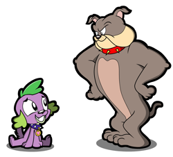 Size: 1456x1316 | Tagged: safe, artist:kingtoby19, spike, dog, equestria girls, crossover, duo, grin, hand on hip, looking at each other, nervous, nervous grin, simple background, sitting, smiling, spike (tom and jerry), spike the dog, tom and jerry, transparent background