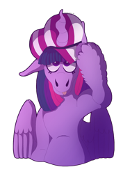 Size: 2480x3508 | Tagged: safe, artist:eleamorbid, twilight sparkle, twilight sparkle (alicorn), alicorn, pony, cloven hooves, hat, high res, simple background, solo, tongue out, transparent background