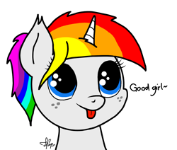 Size: 1276x1080 | Tagged: safe, artist:kimjoman, oc, oc only, oc:prisma watercolor, pony, :p, aggie.io, cute, freckles, looking up, ponytail, rainbow hair, solo, tongue out