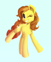 Size: 1130x1388 | Tagged: safe, artist:mraccoon, oc, oc only, oc:honey blossom, earth pony, pony, blue background, grin, one eye closed, simple background, smiling, solo