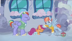 Size: 1280x720 | Tagged: safe, screencap, bow hothoof, scootaloo, windy whistles, pony, parental glideance, noogie, petting, rainbow dash's parents, scootalove, windyhoof