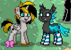 Size: 320x226 | Tagged: safe, oc, oc only, oc:abby, oc:thunder scratch, alicorn, changeling, pony, alicorn oc, changeling oc, clothes, pony town, socks, striped socks