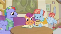 Size: 1280x720 | Tagged: safe, screencap, bow hothoof, scootaloo, windy whistles, pony, parental glideance, food, pasta and potato sandwich on sourdough, rainbow dash's parents, sandwich, scrapbook, table, windyhoof