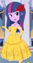 Size: 863x1656 | Tagged: safe, artist:unicornsmile, twilight sparkle, equestria girls, beauty and the beast, belle, clothes, cosplay, costume, crossover, disney, dress, female, flower, flower in hair, solo