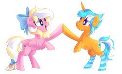 Size: 3700x2256 | Tagged: safe, artist:drawntildawn, oc, oc only, oc:bay breeze, oc:passion freeze, pegasus, pony, unicorn, bow, clothes, hair bow, hoofbump, simple background, socks, striped socks, tail bow, transparent background