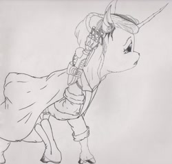 Size: 2103x2013 | Tagged: safe, artist:mackeroth, twilight sparkle, cyborg, alternate hairstyle, boots, cloak, clothes, hoodie, lineart, solo, traditional art