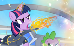 Size: 1000x623 | Tagged: safe, artist:pixelkitties, spike, twilight sparkle, dragon, clothes, mass effect, omni-blade, omni-tool