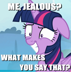 Size: 500x506 | Tagged: safe, edit, edited screencap, screencap, twilight sparkle, twilight sparkle (alicorn), alicorn, pony, to where and back again, denial, image macro, jealous, meme, solo