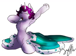 Size: 1280x954 | Tagged: safe, artist:shellielle, oc, oc only, oc:royal word, anthro, unicorn, anthro oc, armpits, barbie doll anatomy, blanket, commission, cute, eyes closed, male, open mouth, signature, simple background, solo, stallion, stretching, waking up, yawn