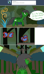 Size: 1280x2167 | Tagged: safe, artist:hummingway, oc, oc only, oc:feather hummingway, ask-humming-way, dialogue, forest, solo, tumblr, tumblr comic