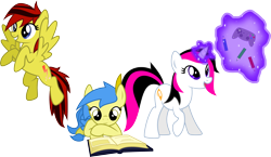 Size: 3480x2015 | Tagged: safe, artist:audiobeatzz, oc, oc only, oc:daylight, oc:google chrome, oc:radiant, pegasus, pony, unicorn, book, browser ponies, controller, female, flying, high res, joystick, magic, mare, pencil, prone, reading, simple background, transparent background, vector