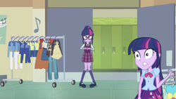Size: 1366x768 | Tagged: safe, artist:unanimous123, edit, edited screencap, part of a series, part of a set, screencap, sci-twi, twilight sparkle, equestria girls, friendship games, alternate scenario, alternate timeline, backpack, bowtie, clothes, crystal prep academy uniform, dress, glasses, hair bun, high heels, lockers, music notes, necktie, pleated skirt, school uniform, shoes, skirt, socks, twolight, twolight timeline, what if
