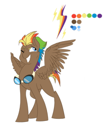 Size: 900x1059 | Tagged: safe, artist:bibmob, oc, oc only, oc:triple zap, pegasus, pony, color palette, goggles, male, offspring, one eye closed, parent:dumbbell, parent:rainbow dash, parents:dumbdash, simple background, solo, spread wings, stallion, transparent background