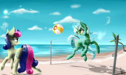 Size: 5000x3000 | Tagged: safe, artist:quefortia, bon bon, lyra heartstrings, sweetie drops, earth pony, pony, unicorn, absurd resolution, beach, cloud, duo, female, mare, palm tree, sky, tree, volleyball, water