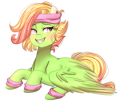 Size: 1024x855 | Tagged: safe, artist:slasharu, oc, oc only, pegasus, pony, bandana, female, leg warmers, mare, prone, simple background, solo, transparent background