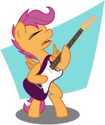 Size: 6078x7234 | Tagged: safe, artist:steam-loco, scootaloo, pegasus, pony, abstract background, absurd resolution, bipedal, guitar, hoof hold, simple background, solo, transparent background, vector