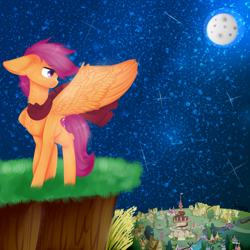 Size: 1000x1000 | Tagged: safe, artist:twinkepaint, scootaloo, pony, chest fluff, moon, night, older, ponyville, solo, stars