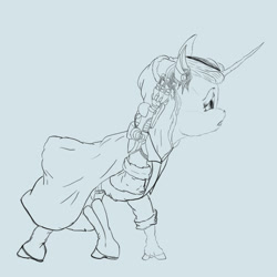 Size: 2510x2512 | Tagged: safe, artist:mackeroth, twilight sparkle, cyborg, cloak, clothes, hoodie, looking away, sketch, solo