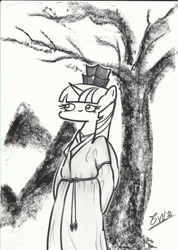 Size: 2485x3496 | Tagged: safe, artist:potatobug, derpibooru exclusive, twilight sparkle, twilight sparkle (alicorn), alicorn, pony, korea, looking up, monochrome, solo, traditional art, tree