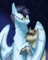 Size: 882x1110 | Tagged: safe, artist:neonaarts, soarin', oc, oc:penumbra glow, pony, cute, glasses, hug, tongue out