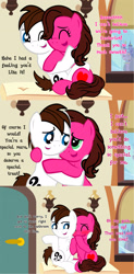 Size: 1526x3097 | Tagged: safe, artist:aarondrawsarts, oc, oc only, oc:brain teaser, oc:rose bloom, comic:anniversary in canterlot, brainbloom, comic, excited, hug, train