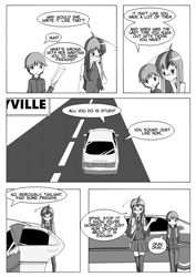 Size: 1240x1754 | Tagged: safe, artist:junker-kun, human, car, comic, humanized, manga, monochrome