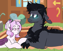 Size: 1235x989 | Tagged: safe, artist:soft-arthropod, oc, oc only, oc:mako, oc:primrose, bat pony, pony, blushing, story included