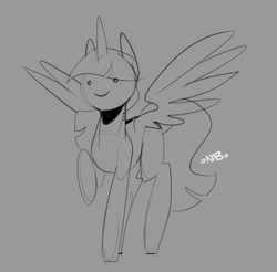 Size: 857x844 | Tagged: safe, artist:novabytes, twilight sparkle, twilight sparkle (alicorn), alicorn, pony, raised hoof, signature, simple background, sketch, smiling, solo, spread wings