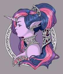 Size: 776x908 | Tagged: safe, artist:michellehoefener, artist:tracibrooks, twilight sparkle, human, alternate hairstyle, bust, elf ears, gray background, horned humanization, humanized, pony coloring, profile, simple background, solo