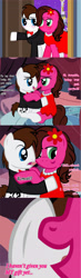 Size: 1579x5392 | Tagged: safe, artist:aarondrawsarts, oc, oc only, oc:brain teaser, oc:rose bloom, comic:anniversary in canterlot, absurd resolution, bedroom, bedroom eyes, blushing, brainbloom, clothes, dress, hug, imminent sex, tuxedo