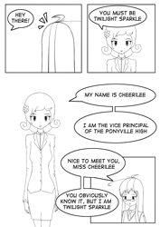 Size: 1240x1754 | Tagged: safe, artist:junker-kun, cheerilee, human, comic, humanized, manga, monochrome