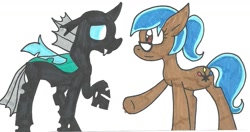 Size: 1159x612 | Tagged: safe, artist:cmara, thorax, oc, oc:carly, changeling, earth pony, pony, traditional art