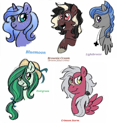 Size: 2048x2164 | Tagged: safe, artist:klavicegavin, oc, oc only, oc:bluemoon, oc:brownie cream, oc:crimson storm, oc:evergreen, oc:lightbreeze, alternate universe, hat