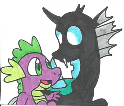 Size: 562x479 | Tagged: safe, artist:cmara, spike, thorax, changeling, dragon, traditional art