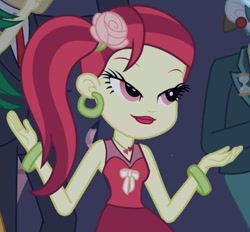 Size: 405x376 | Tagged: safe, screencap, rose heart, scott green, sweet leaf, teddy t. touchdown, equestria girls, shake your tail, background human, bracelet, cropped, ear piercing, earring, fall formal outfits, flower, flower in hair, heart, jewelry, lidded eyes, necklace, piercing, sand dial
