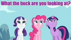 Size: 720x405 | Tagged: safe, derpibooru import, edit, edited screencap, screencap, pinkie pie, rarity, twilight sparkle, unicorn twilight, earth pony, pony, unicorn, read it and weep, image macro, looking up, meme, purple text, trio