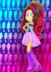 Size: 1024x1448 | Tagged: safe, artist:jucamovi1992, oc, oc only, equestria girls, art trade, boots, clothes, equestria girls-ified, eyeshadow, high heel boots, looking at you, makeup, raised leg, shirt, skirt, smiling, solo, standing