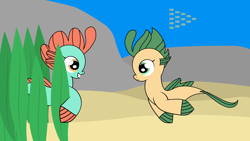 Size: 2850x1603 | Tagged: safe, artist:dinkyuniverse, fish, seapony (g4), my little pony: the movie, bubble splash, cute, cuteness overload, daaaaaaaaaaaw, fins, grin, hnnng, lilly drop, ocean, sand, sea filly, sea foal, seaweed, smiling