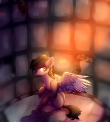 Size: 1152x1280 | Tagged: safe, artist:elvche, oc, oc only, pegasus, pony, commission, dungeon, male, sad, sitting, solo, tail, wings