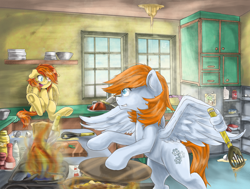 Size: 1854x1400 | Tagged: safe, artist:redheadfly, oc, oc only, oc:dynamo sparks, oc:fuego, pegasus, pony, cabinet, commission, cute, duo, female, fire, indoors, kitchen, looking at each other, mare, mess, mother and child, mother and daughter, open mouth, parent and child, sitting, stove