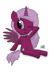 Size: 412x600 | Tagged: safe, artist:kimjoman, oc, oc only, alicorn, pony, accessories, alicorn oc, female, long mane, looking at you, one eye closed, photoshop, pose, smiling, solo, spread wings, wings, wink