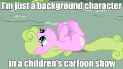 Size: 720x405 | Tagged: safe, edit, edited screencap, screencap, daisy, flower wishes, earth pony, pony, applebuck season, cute, existential daisy, female, frown, image macro, legs in air, mare, meme, nihilism, on back, sad, solo, text