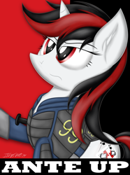 Size: 3000x4026 | Tagged: safe, artist:iflysna94, oc, oc only, oc:blackjack, pony, unicorn, fallout equestria, fallout equestria: project horizons, absurd resolution, clothes, female, mare, serious, serious face, solo