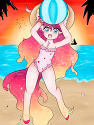 Size: 906x1208 | Tagged: safe, artist:niniibear, oc, oc only, oc:iris, anthro, unguligrade anthro, unicorn, beach, blushing, clothes, cute, female, food, happy, hat, mare, ocean, one-piece swimsuit, sand, smiling, solo, summer, swimsuit, unshorn fetlocks, volleyball