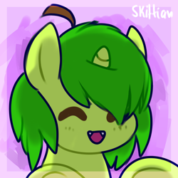 Size: 1600x1600 | Tagged: safe, artist:sugguk, pony, unicorn, :d, biting pear of salamanca, bust, cute, eyes closed, fangs, leaning, open mouth, ponified, smiling, solo, underhoof