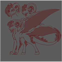 Size: 727x735 | Tagged: safe, artist:halfway-to-insanity, oc, oc only, oc:tina tatinviir, dracony, hybrid, longma, multiple wings, ram horns, reference sheet, scar, solo