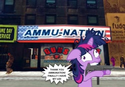 Size: 600x421 | Tagged: safe, artist:edgar546, twilight sparkle, ammu-nation, grand theft auto, gta liberty city stories, gun, gun store, hobo, solo, submachinegun, twilight snapple, uzi, walking, weapon