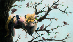 Size: 1279x747 | Tagged: safe, artist:yargoelster, oc, oc only, bird, pegasus, pony, eyes closed, sleeping, solo, tree branch