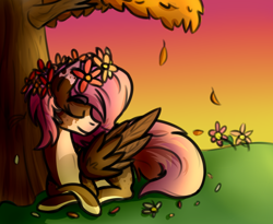 Size: 2200x1800 | Tagged: safe, artist:nekro-led, oc, oc only, oc:riley, pegasus, pony, autumn, floral head wreath, flower, peaceful, solo, sunset, tree